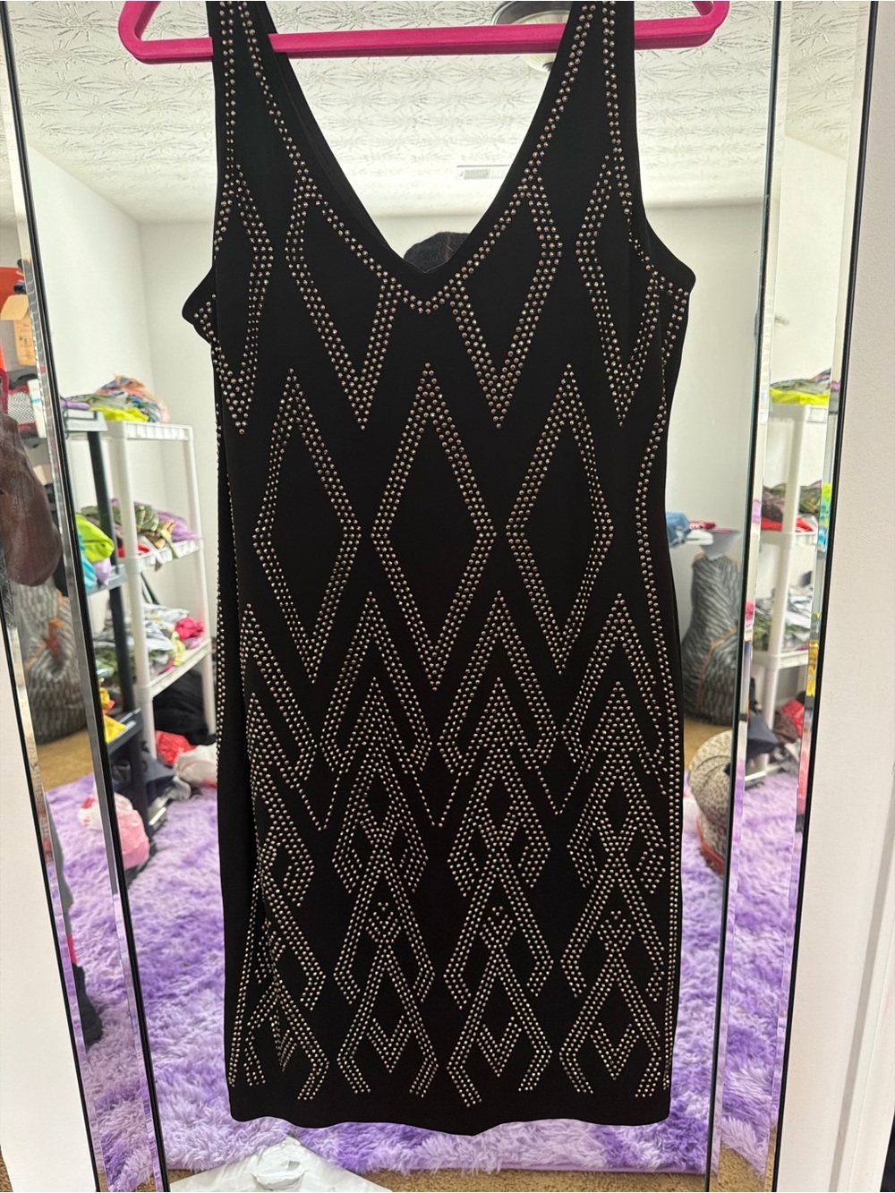 Carmen Marc Valvo Black Studded V-Neck Mini Dress